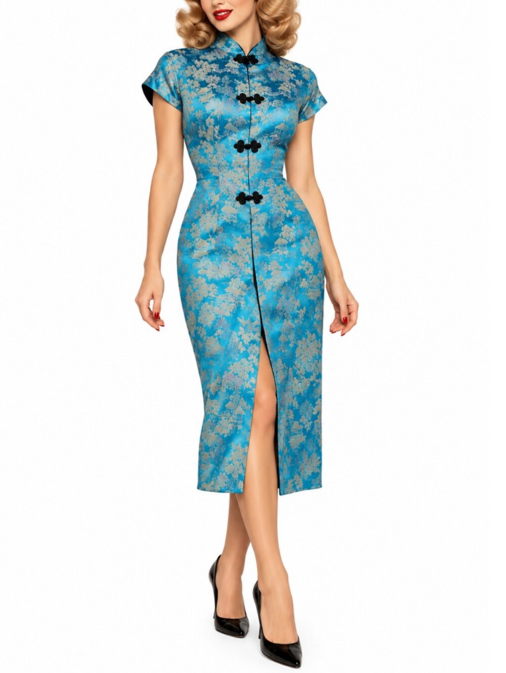 VTG 50s Blue Brocade Wiggle Dress S Asian Metallic Gold Floral Pinup Sirencore
